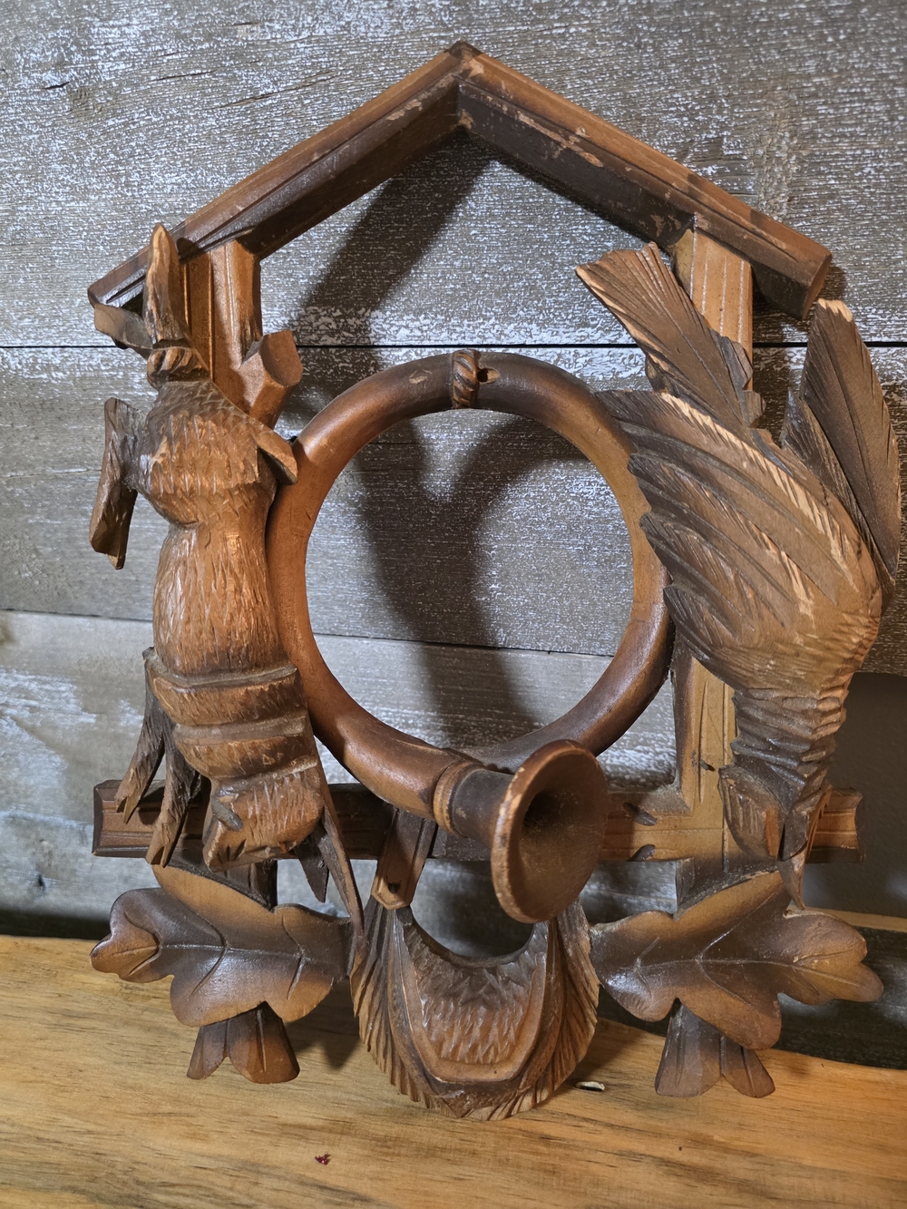 Vintage Black Forest Hunters Cuckoo Clock Front Rabbit Pheasant Trim Piece Wood